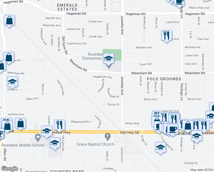 map of restaurants, bars, coffee shops, grocery stores, and more near 3205 Ranchgate Drive in Bakersfield