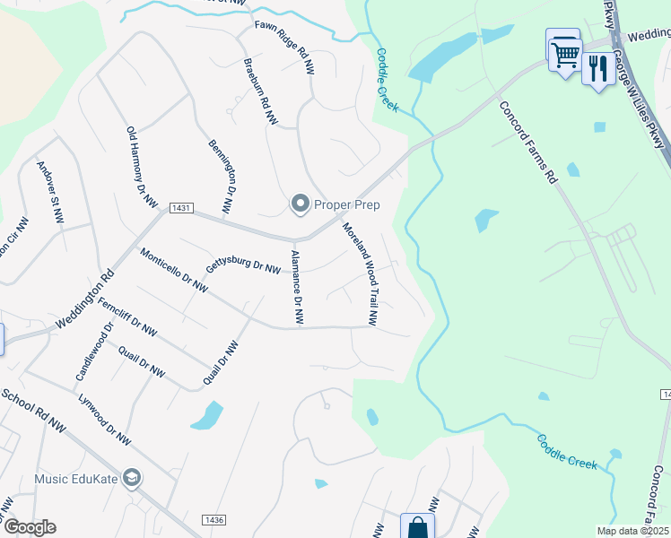map of restaurants, bars, coffee shops, grocery stores, and more near 5781 Gettysburg Drive Northwest in Concord