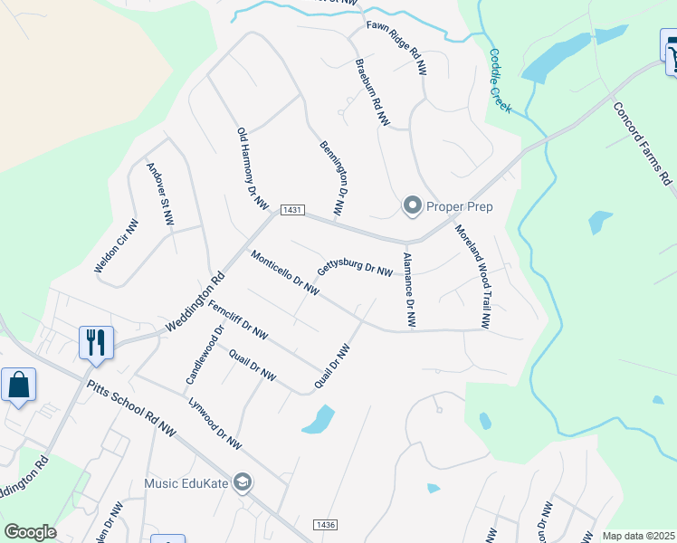 map of restaurants, bars, coffee shops, grocery stores, and more near 5843 Gettysburg Drive Northwest in Concord