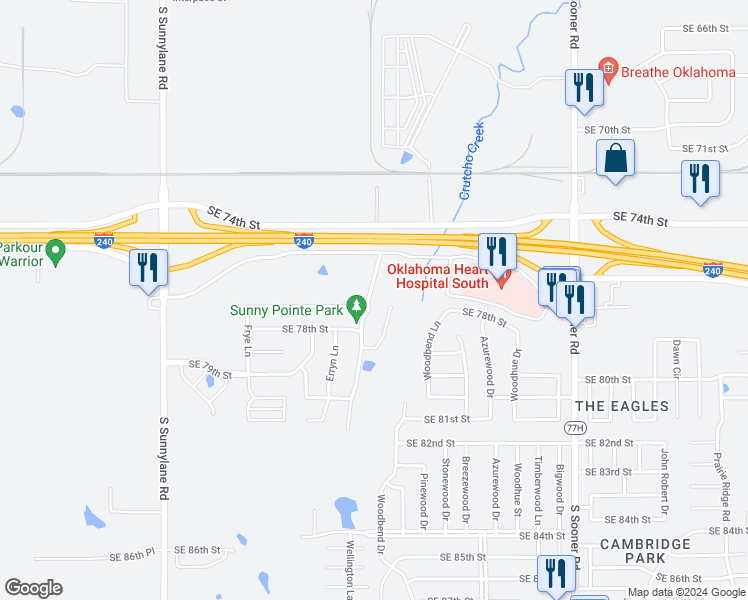 map of restaurants, bars, coffee shops, grocery stores, and more near 7704 Sunny Pointe Lane in Oklahoma City