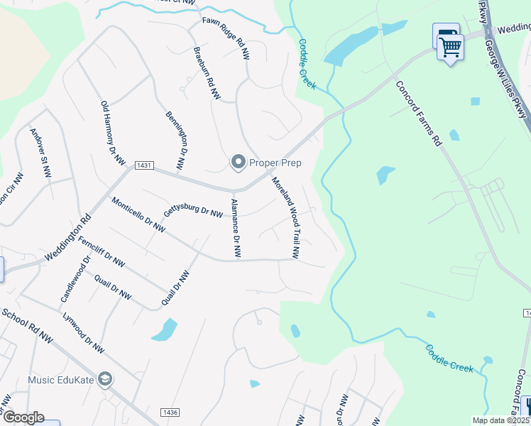 map of restaurants, bars, coffee shops, grocery stores, and more near 5781 Gettysburg Drive Northwest in Concord