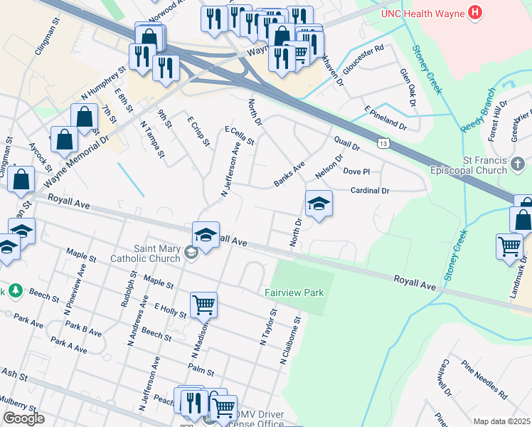 map of restaurants, bars, coffee shops, grocery stores, and more near 1718 East Dogwood Street in Goldsboro