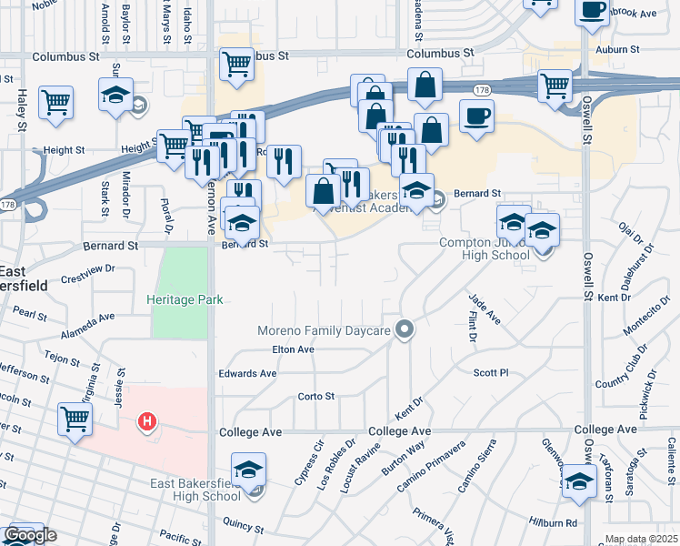 map of restaurants, bars, coffee shops, grocery stores, and more near 2731 Bernard Street in Bakersfield