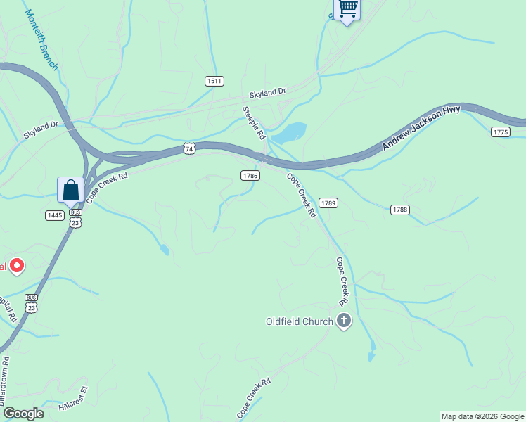 map of restaurants, bars, coffee shops, grocery stores, and more near 116 Point of View Drive in Sylva