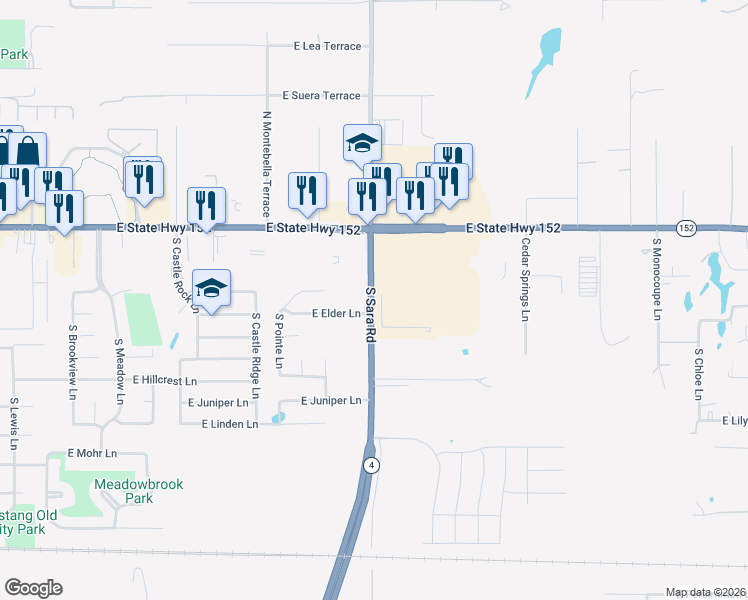map of restaurants, bars, coffee shops, grocery stores, and more near 374 South Sara Road in Mustang