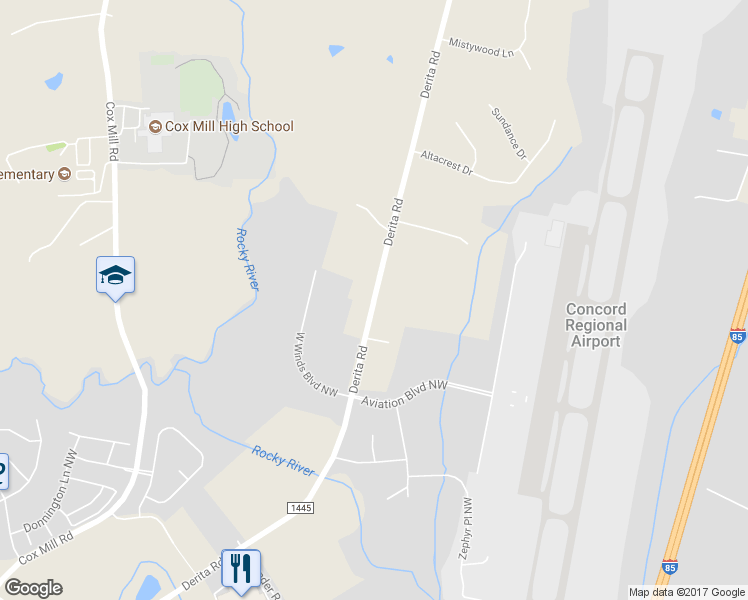map of restaurants, bars, coffee shops, grocery stores, and more near Derita Road in Concord