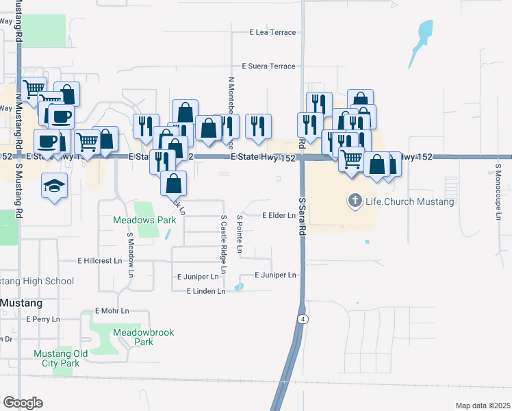 map of restaurants, bars, coffee shops, grocery stores, and more near 724 East Pointe Court Lane in Mustang