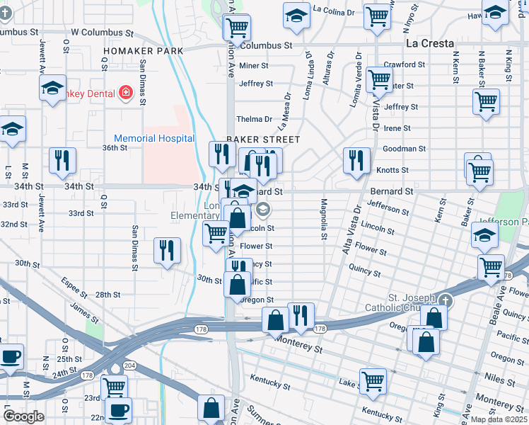 map of restaurants, bars, coffee shops, grocery stores, and more near 1900 Stockton Street in Bakersfield