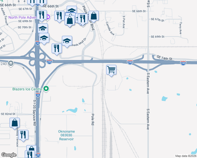 map of restaurants, bars, coffee shops, grocery stores, and more near 7600-7698 Pole Road in Oklahoma City