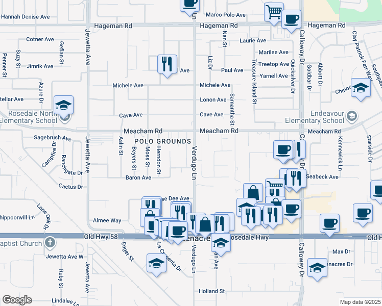 map of restaurants, bars, coffee shops, grocery stores, and more near 3213 Verdugo Lane in Bakersfield