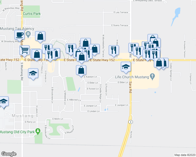 map of restaurants, bars, coffee shops, grocery stores, and more near 624 East Katelyn Lane in Mustang