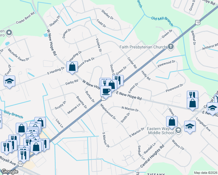 map of restaurants, bars, coffee shops, grocery stores, and more near 101 W New Hope Rd in Goldsboro