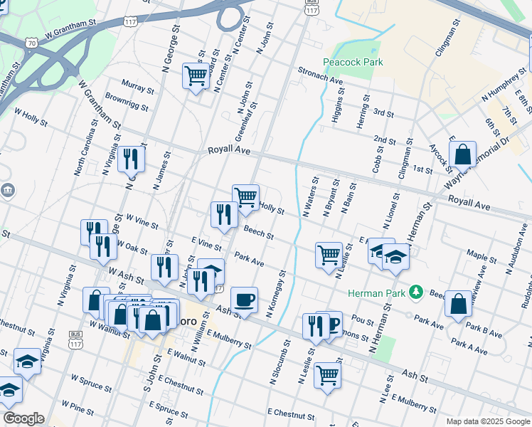 map of restaurants, bars, coffee shops, grocery stores, and more near 314 East Holly Street in Goldsboro