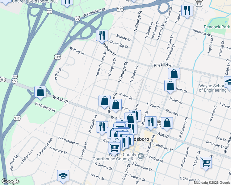 map of restaurants, bars, coffee shops, grocery stores, and more near 301 West Vine Street in Goldsboro