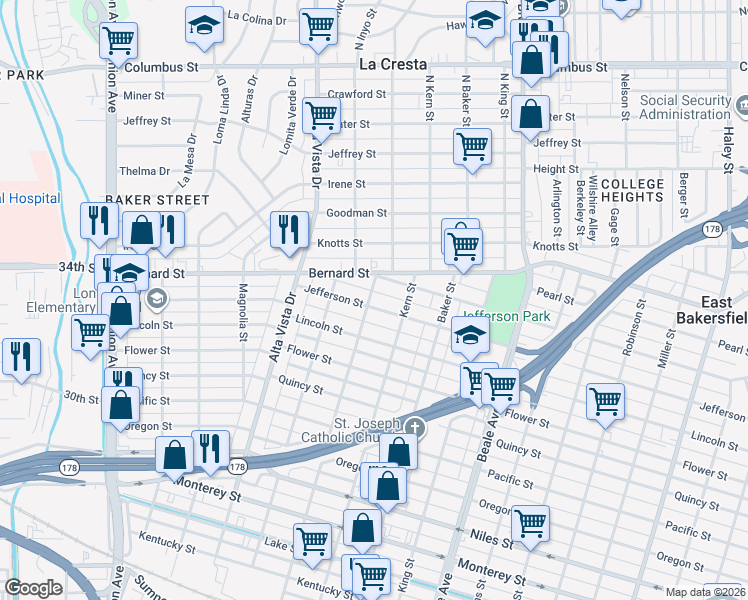 map of restaurants, bars, coffee shops, grocery stores, and more near 500 Jefferson Street in Bakersfield