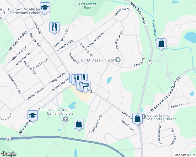 map of restaurants, bars, coffee shops, grocery stores, and more near 83 McArthur Avenue Southeast in Concord