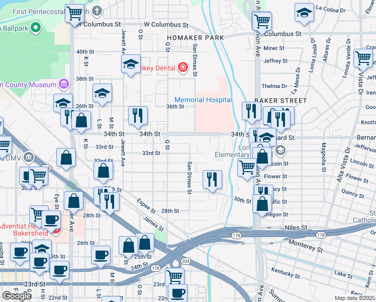 map of restaurants, bars, coffee shops, grocery stores, and more near 3330 San Dimas Street in Bakersfield