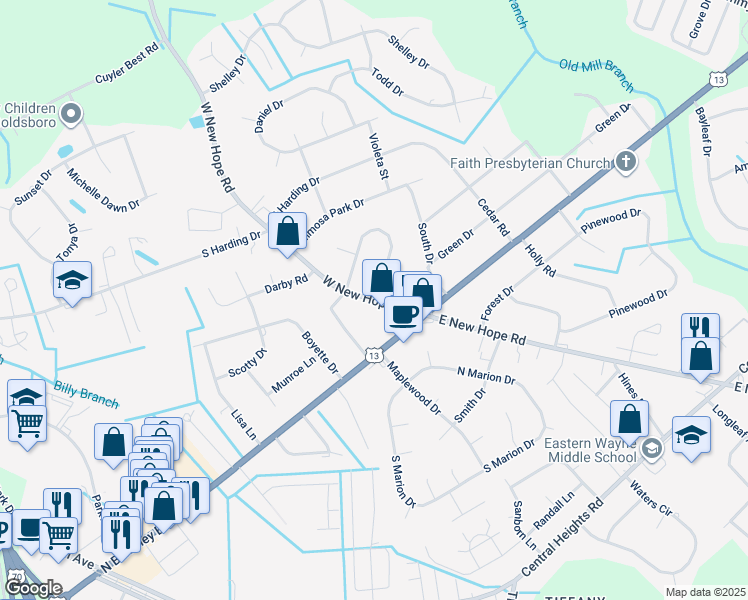 map of restaurants, bars, coffee shops, grocery stores, and more near 1922 Pinemont Circle in Goldsboro