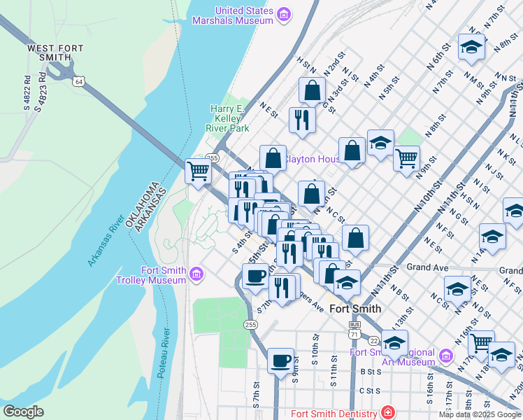 map of restaurants, bars, coffee shops, grocery stores, and more near 301 North A Street in Fort Smith