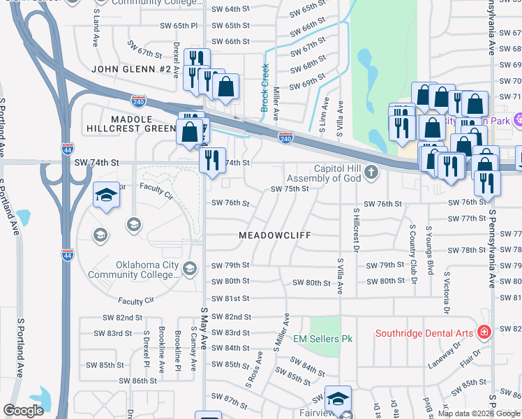 map of restaurants, bars, coffee shops, grocery stores, and more near 7613 South Sherwood Avenue in Oklahoma City