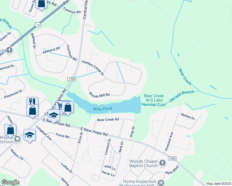 map of restaurants, bars, coffee shops, grocery stores, and more near 139 Woods Mill Road in Goldsboro
