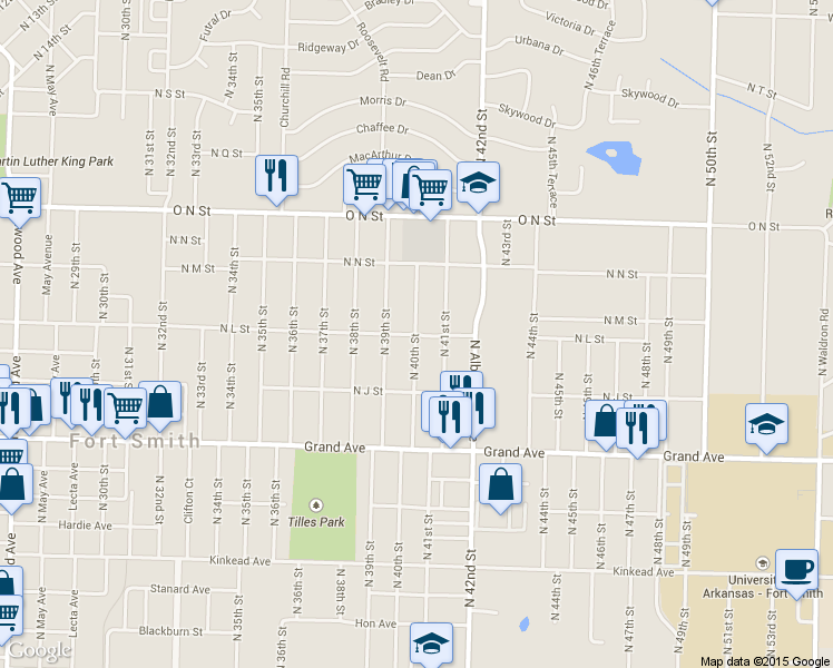 map of restaurants, bars, coffee shops, grocery stores, and more near 1400 N 40th St in Fort Smith