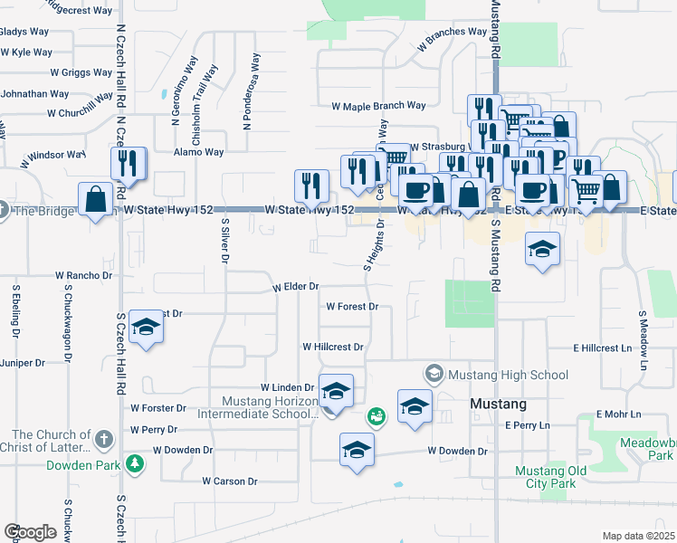 map of restaurants, bars, coffee shops, grocery stores, and more near 516 Park Place in Mustang