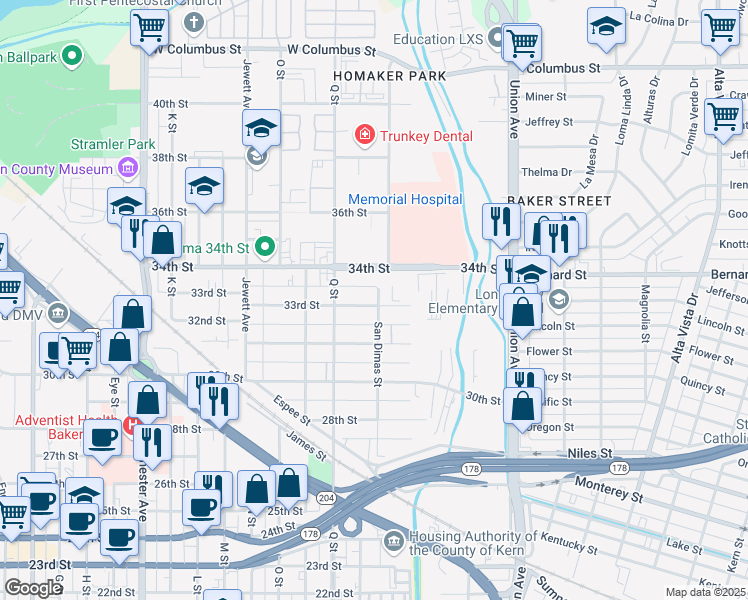 map of restaurants, bars, coffee shops, grocery stores, and more near 600 33rd Street in Bakersfield