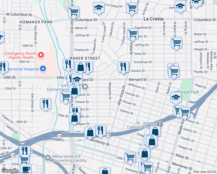 map of restaurants, bars, coffee shops, grocery stores, and more near 234 Jefferson Street in Bakersfield