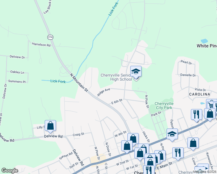 map of restaurants, bars, coffee shops, grocery stores, and more near 113 Ridge Avenue in Cherryville