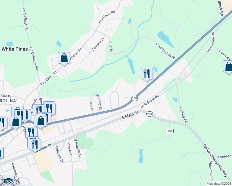 map of restaurants, bars, coffee shops, grocery stores, and more near 5403 Dellinger Circle in Cherryville