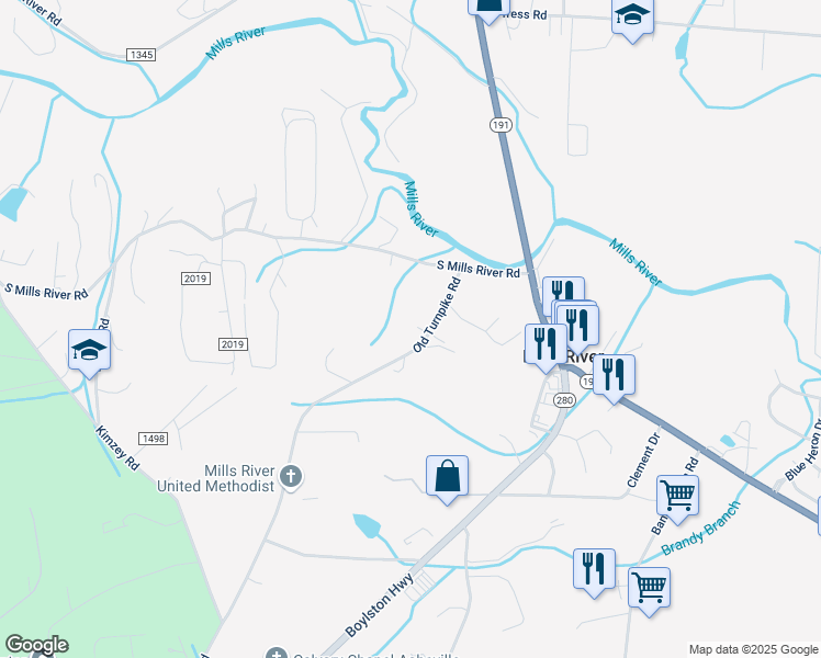 map of restaurants, bars, coffee shops, grocery stores, and more near 50 Old Turnpike Road in Mills River