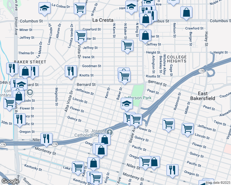 map of restaurants, bars, coffee shops, grocery stores, and more near 623 Grace Street in Bakersfield