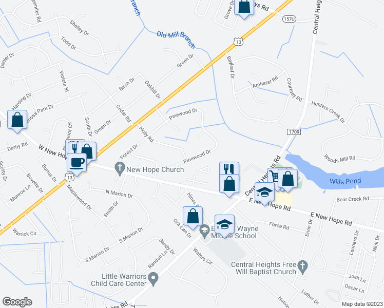 map of restaurants, bars, coffee shops, grocery stores, and more near 203 Pinewood Drive in Goldsboro