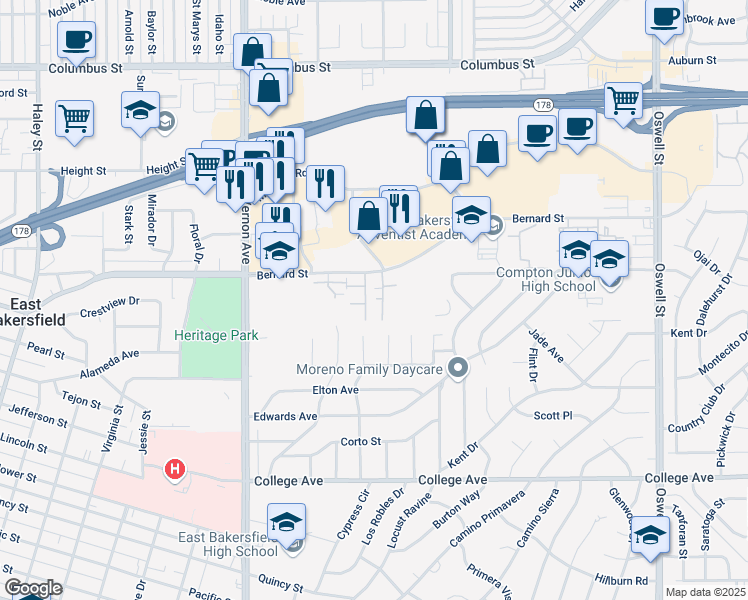 map of restaurants, bars, coffee shops, grocery stores, and more near 2721 Bernard Street in Bakersfield