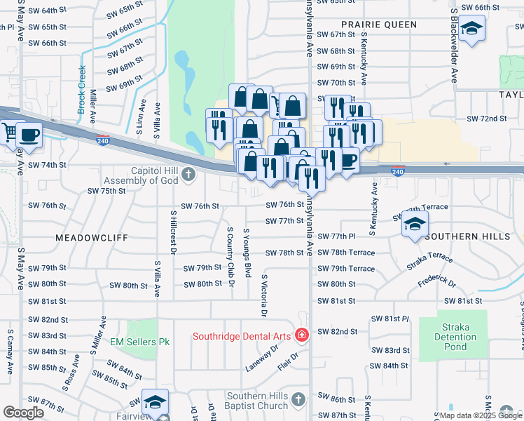 map of restaurants, bars, coffee shops, grocery stores, and more near 2220 Southwest 76th Street in Oklahoma City