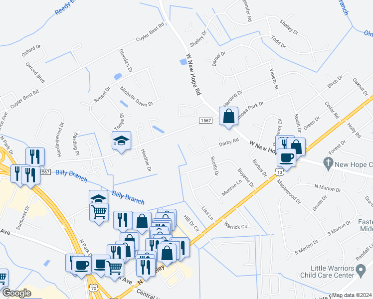 map of restaurants, bars, coffee shops, grocery stores, and more near 1504 Darby Place in Goldsboro