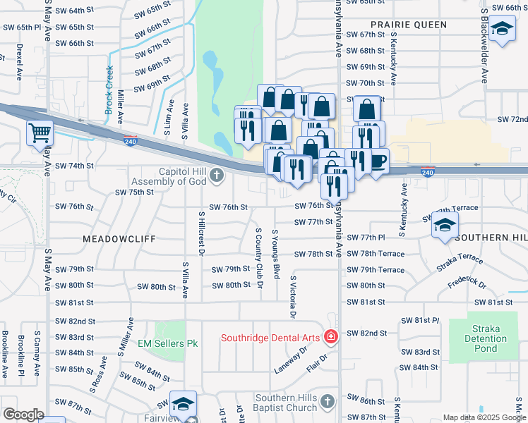 map of restaurants, bars, coffee shops, grocery stores, and more near 2304 Southwest 76th Street in Oklahoma City