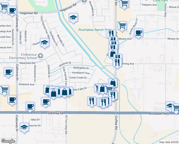 map of restaurants, bars, coffee shops, grocery stores, and more near 8502 Hoodsport Avenue in Bakersfield