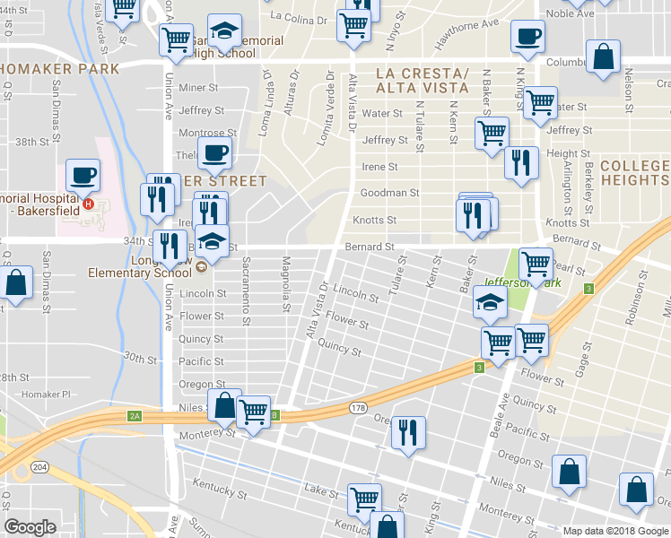 map of restaurants, bars, coffee shops, grocery stores, and more near 1819 Alta Vista Drive in Bakersfield