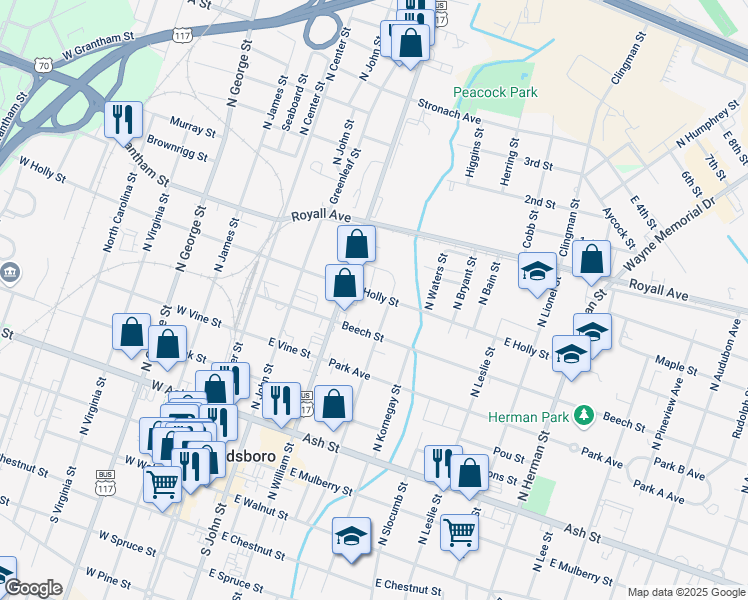 map of restaurants, bars, coffee shops, grocery stores, and more near 314 East Holly Street in Goldsboro