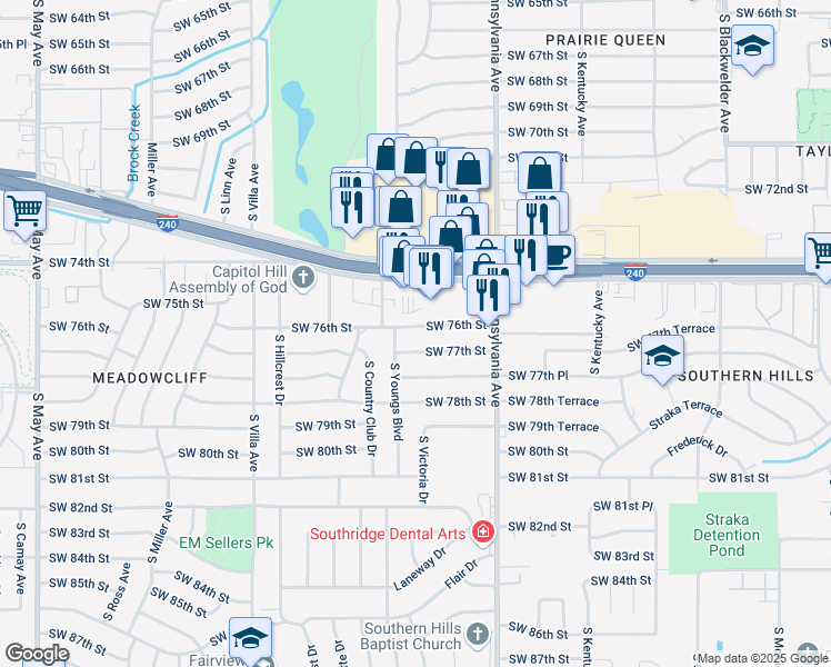 map of restaurants, bars, coffee shops, grocery stores, and more near 2220 Southwest 76th Street in Oklahoma City
