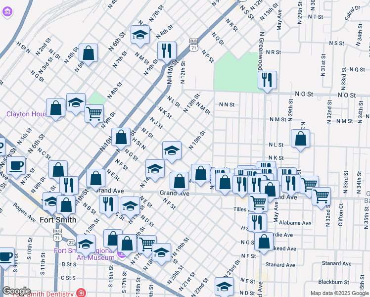 map of restaurants, bars, coffee shops, grocery stores, and more near 923 North 15th Street in Fort Smith