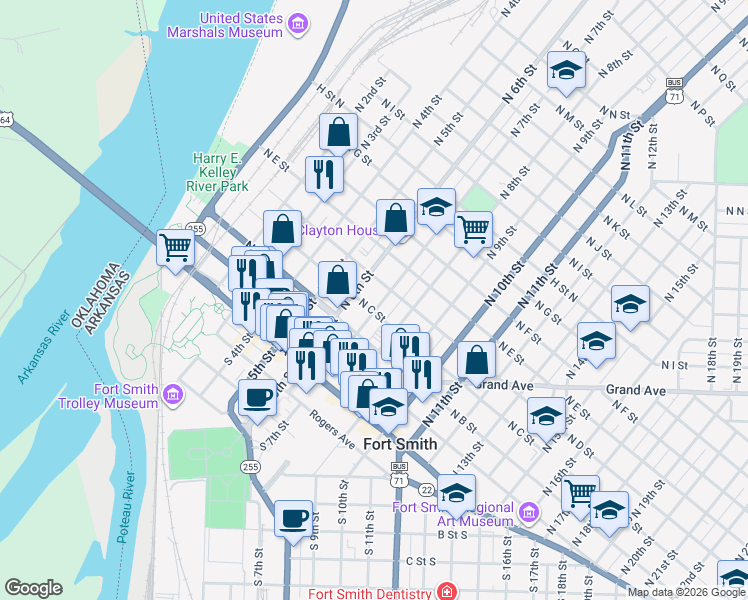 map of restaurants, bars, coffee shops, grocery stores, and more near 309 North 7th Street in Fort Smith