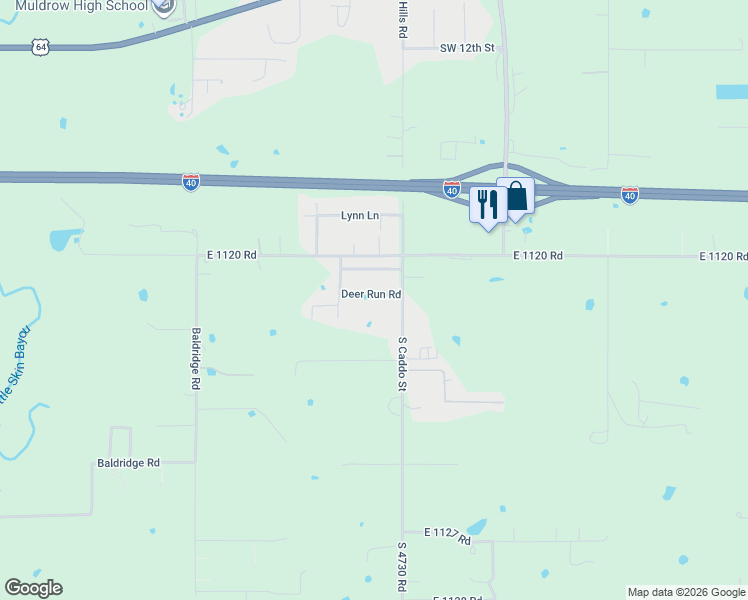 map of restaurants, bars, coffee shops, grocery stores, and more near 408 Deer Run Road in Muldrow
