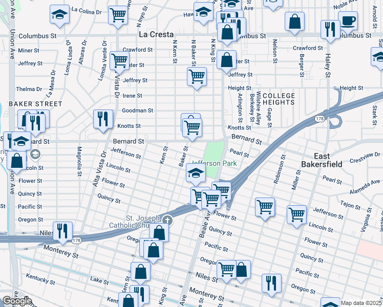 map of restaurants, bars, coffee shops, grocery stores, and more near 716 Grace Street in Bakersfield