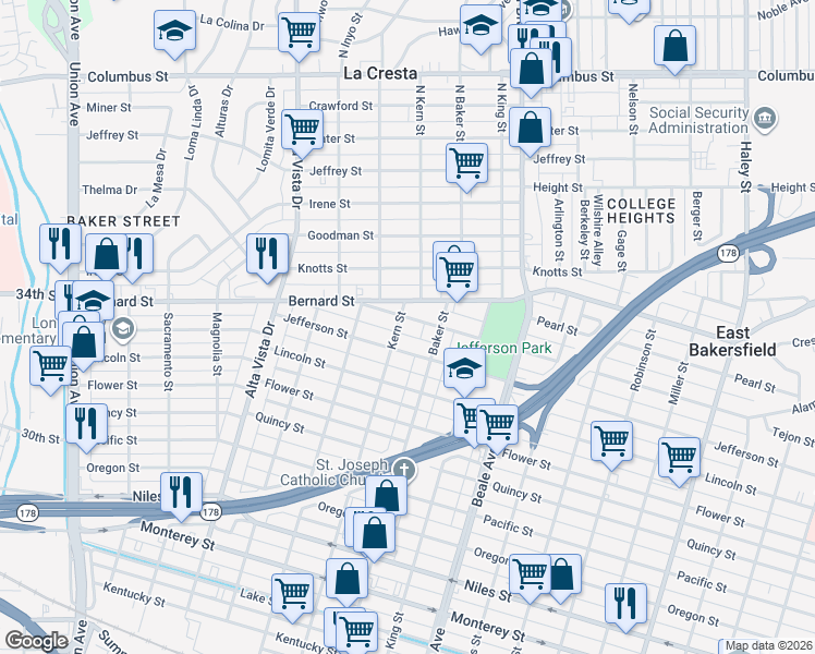 map of restaurants, bars, coffee shops, grocery stores, and more near 623 Grace Street in Bakersfield