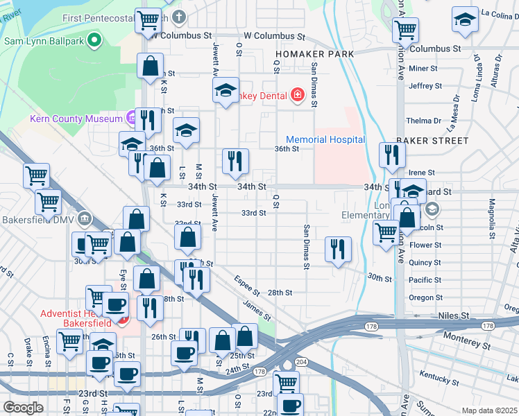 map of restaurants, bars, coffee shops, grocery stores, and more near 3300 Panama Street in Bakersfield