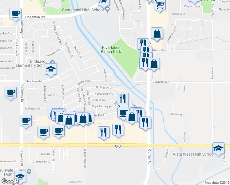 map of restaurants, bars, coffee shops, grocery stores, and more near 8502 Hoodsport Avenue in Bakersfield