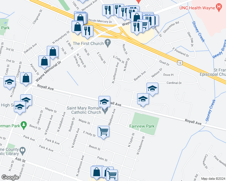map of restaurants, bars, coffee shops, grocery stores, and more near 1100 North Jefferson Avenue in Goldsboro